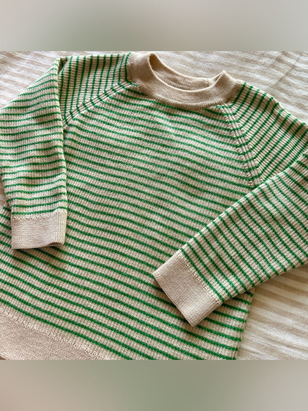 konges slojd green & tan striped 100% merino wool sweater / size 2t - Picture 2 of 4